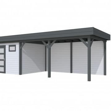 Vuren Topvision Kievit, 400 x 300 en luifel 500 cm, wanden lichtgrijs en basis antraciet.