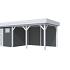 Vuren Topvision Kievit, 400 x 300 en luifel 400 cm, wanden antraciet en basis lichtgrijs.