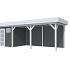 Vuren Topvision Kuifmees, 250 x 250 en luifel 500 cm, wanden antraciet en basis lichtgrijs.