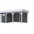 Vuren Topvision Kievit, 400 x 300 en luifel 400 cm, wanden antraciet en basis lichtgrijs.